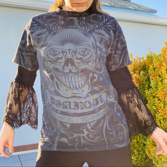 Converse Scull Bones Tattoo Print Black Graphic T-Shirt unisex - Picture 12 of 16